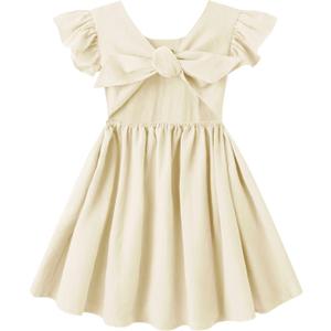 LYXIOF Toddler Baby Girl Cotton Linen Summer Dress Ruffle Sleeve Back Bowknot Kids Beach Dresses Beige 120CM