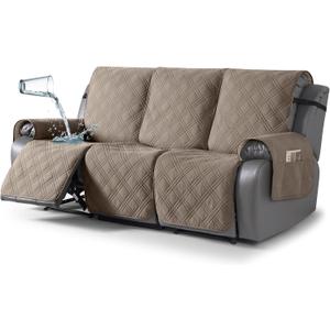 TAOCOCO 100% Waterproof Recliner Sofa Covers, Non Slip Split Couch Covers for Reclining Couches with Elastic Strap, Washable Reclining Sofa Cover Furniture Protector (3 Seater, Gray Taupe)