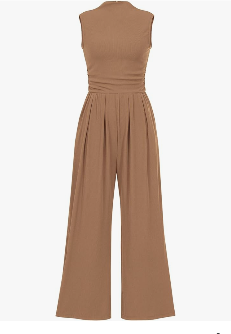 PRETTYGARDEN Womens Summer Jumpsuits Dressy Casual One Piece Outfits Sleeveless Mock Neck Wide Leg Pants Rompers with Pockets XL Brown
