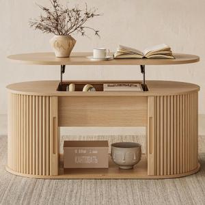 LINSY Lift Top Coffee Table, Oval Fluted Coffee Table with Storage, Boho Wooden Coffee Tables with Sliding Tambour Door, 39" Center Table for Living Room, Office, Small Space, Natural Oak, 39.4 inches x 20.5 inches x 17 inches