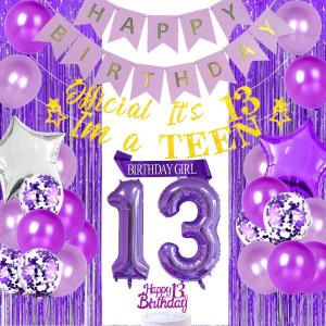 Purple 13th Birthday Decorations for Girls - Party Supplies With Cake Topper, Number 13 Foil Balloon, Year Old Celebration