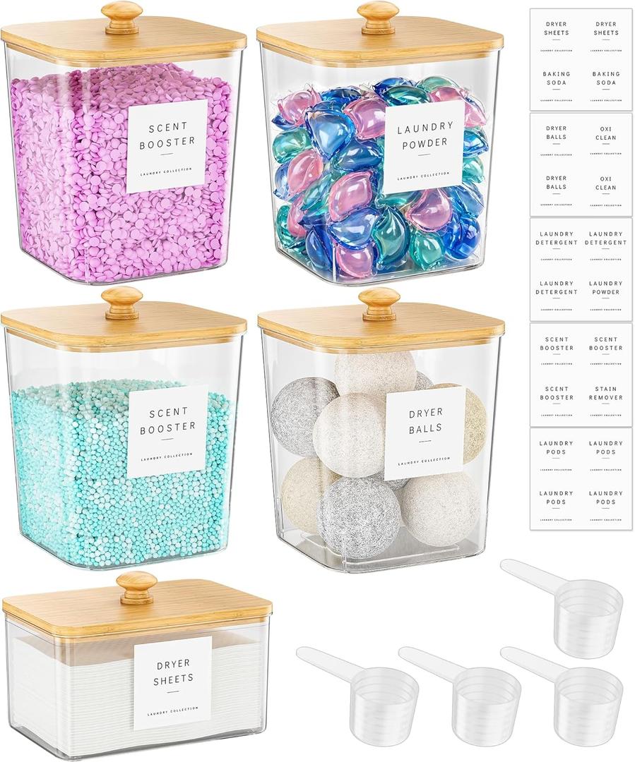 Moforoco 3+1 Pack Bamboo Laundry Pods Container, Acrylic Clear Laundry Room Organization Containers,Large Laundry Pods Holder for Scent Booster Detergent Powder Storage Containers Lids & Labels