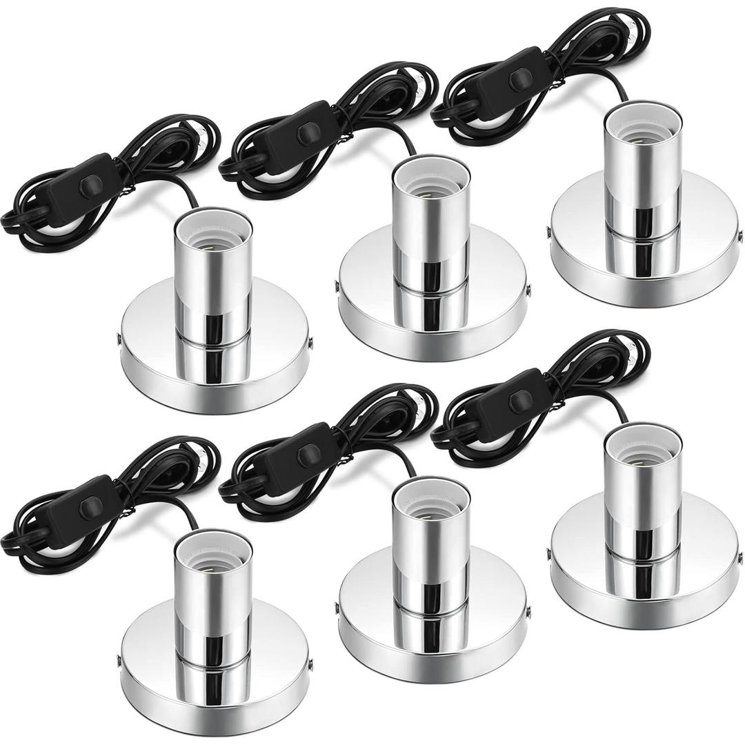 Tuanse 6 Pcs Polished Metal Desktop Lamp E26 E27 Screw Light Bulb Sockets Holder Base Lamp Replacement Base for Holding Bulb 6 Feet Cord on Off Switch Plug(Silver)