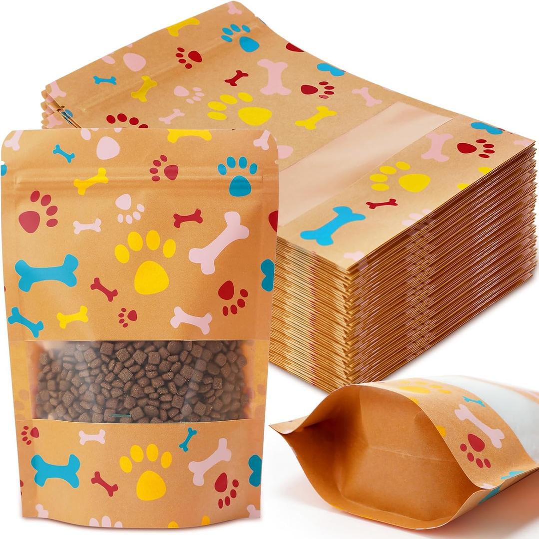 Dunzoom 200 Pcs Paw Dog Treat Bags Puppy Party Favor 5.5" x 7.9" Paw Gift Bag Resealable Stand up Kraft Paper Zipper Pouch Dogs Packaging for Homemade Treats, Food-safe Material (Brown)