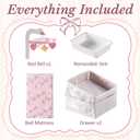 ROBUD Wooden All-in-One Baby Doll Changing Table with Mattress, Removable Sink, 2 Fabric Drawers, Bed Bell, Doll Furniture with Realistic Details for Kids 3+, Fits Dolls Up to 20 in, Pink