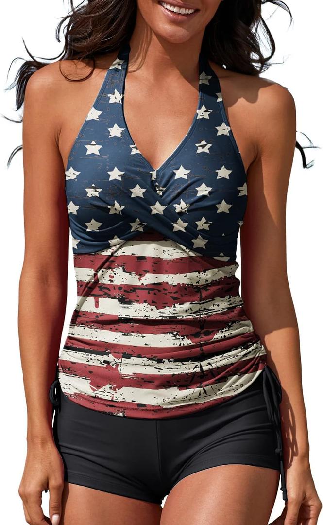 Women Two Piece Tankini Halter Padded Adjustable Drawstring Swimsuit with Boyshorts (X-Large, American Flag)