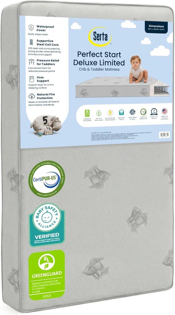 Serta Perfect Start Deluxe Limited Dual Sided Baby Crib Mattress and Toddler Mattress, GREENGUARD Gold Certified, Firm Support, Waterproof, Made in USA
