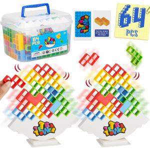 WOWNOVA 64PCS Deluxe Tetra Tower Game for Family Game Night, Balance Stacking Blocks Tower Board Game for Fun Party Games, Stacking Game for Kids & Adults, with Prize Wheel&Cute Clear Storage Box, 12.5 cm x 19.5 cm x 11.7 cm