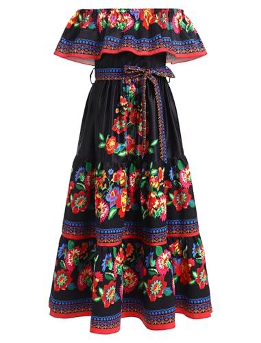 IDOPIP Mexican Dress for Girls Traditional Embroidered Floral Dresses Kids Toddler Summer Ruffle Off Shoulder Maxi Sundress Cinco de Mayo Fiesta Birthday Party Dress with Belt Black 11-12 Years