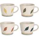 Leaf Mug, 11 oz Ceramic Coffee Cup for Tea Latte Cappuccino, Cute Unique Stoneware Teacup with Handle (Set of 4, Green Blue Yellow and Brown)