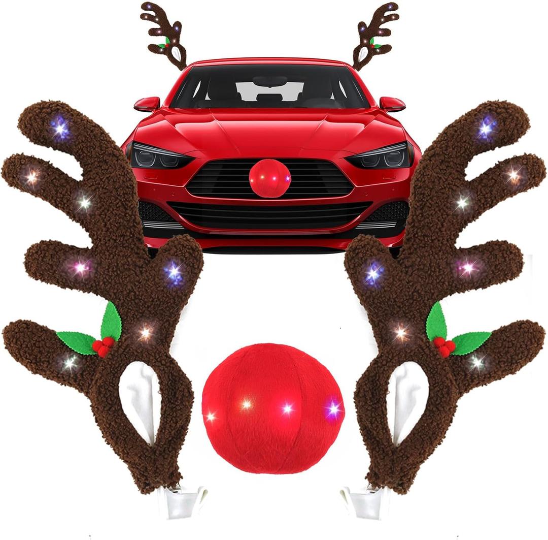 HOMEYA Christmas Reindeer Antlers & Nose for Car with Multicolor Lights, LED Christmas Reindeer Antler Car Kit, Rudolph Outdoor Christmas Decorations Accessories, Decor for Vehicles Truck SUV Van MPV