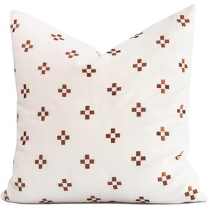 Crumbs Home Modern Farmhouse Fall Linen Indoor Outdoor Throw Pillow Cover Only, 20"x20" Water Repellent for Patio, Backyard, Couch, Neutral Rust Small Squares