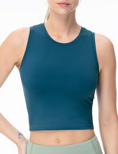 THE GYM PEOPLE Women's Workout Crop Tops Sleeveless Yoga Running Shirts Athletic Tank Top No Padding, Dark Blue Green 