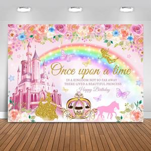 Mocsicka Princess Happy Birthday Backdrop Pink Royal Castle Carriage Floral Birthday Backdrop Princess Theme Girl Birthday Party Decorations Banner Photo Studio Props (7x5ft)
