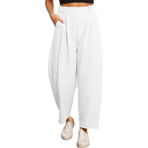 EVALESS Womens Wide Leg Barrel Pants Elastic High Waisted Trousers Business Work Casual Palazzo Pants with Pockets Large, White 
