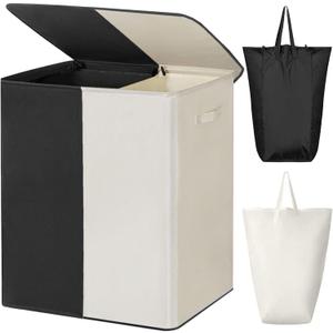 WOWLIVE Double Laundry Baseket with Lid and Removable Laundry Bags,154L Large Laundry Hamper 2 Section Collapsible Dirty Clothes Hamper for Laundry Room,College Dorm,Bathroom,Black and Beige