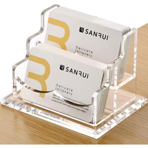 SANRUI Clear Horizontal Business Card Holder Stand for Desk, Acrylic Desktop Display Name Cards Holders Organizer Storage Rack,for Exhibition, Home, Office,2 Tier 2 Pocket, 120 Card Capacity