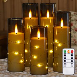 3 x Flameless Flickering 2.2" x5" 6" 7" 8" 8" Candles, LED Battery Operated Grey Clear Plastic Timer Pillar Realistic Wick Candles (Long Lasting 600 Hrs, Pack of 5)