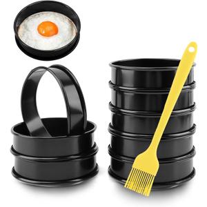 8PCS Crumpet Rings Nonstick English Muffin Rings 4 Inch Stainless Steel Double Rolled Tart Rings Baking Egg Ring Round Metal Pastry Baking Rings with Silicone Brush, Black