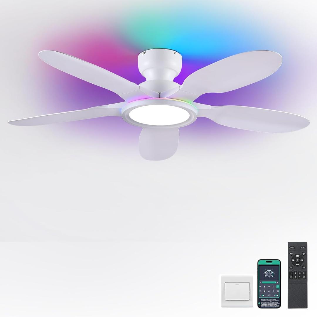 52 Inch Ceiling Fans with Lights and Remote/APP Control, Low Profile Ceiling Fans with Dimmable White + RGB Ring Lights, 6 Speeds 5 Curved Blades for Kids Room Bedroom Bar, White