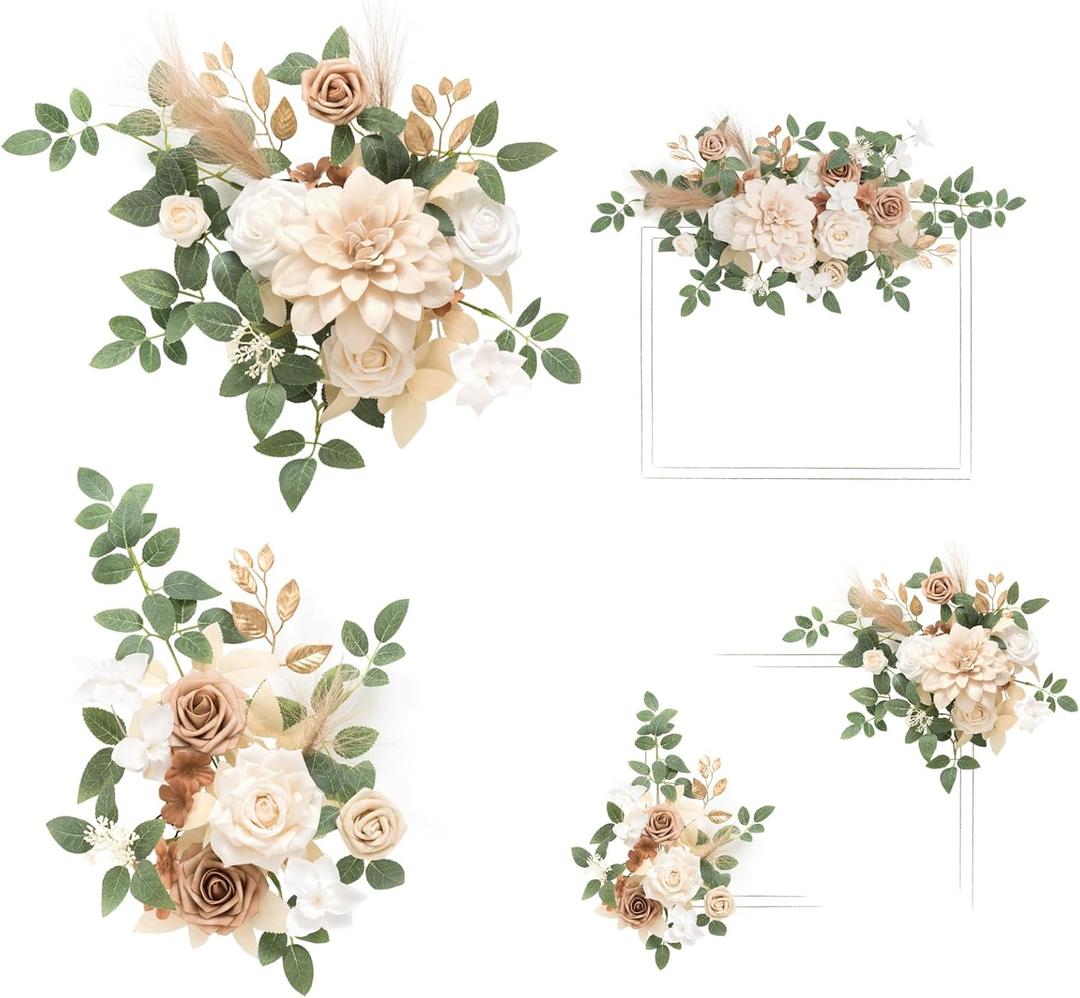 Ling's moment 2pcs Fall Wedding Artificial Floral Swags Welcome Sign Flowers Backdrop Garlands Brown for Ceremony Reception Door Wall Home Decorations Entryway Outdoor Board Table Decor (Wht-white & Beige)