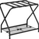 1-Piece Foldable Black Luggage Rack Stand with Storage Shelf – Heavy Duty Metal Suitcase Holder, 150 lbs Top, 50 lbs Bottom, Fits 20”-28” Luggage – Guest Room, Bedroom, Hotel LR-BK-1