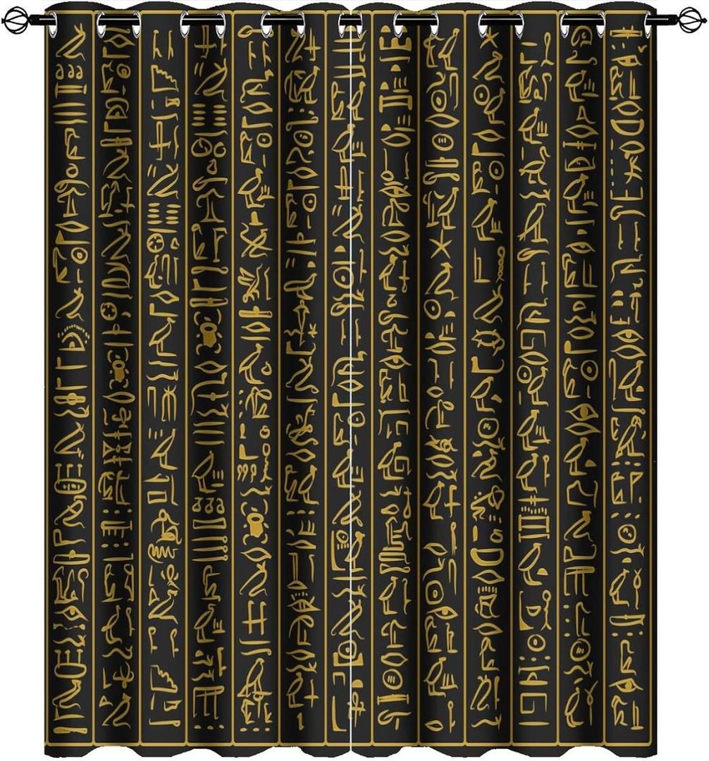 Vintage Egypt Curtains - Abstract Egyptian Ancient Culture Black Gold Hieroglyph Symbol Window Curtain Room Darkening Blackout Curtains Thermal Insulated Grommet Curtains 2 Panels 45L x 21W