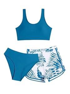 COZYEASE Girls' 3 Piece Swimsuit Tropical Print Bikini Bathing Suit with Shorts Deep Blue 12-13Y
