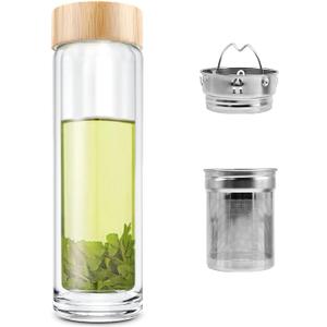COMI Tea Bottle, 14 oz, Borosilicate Glass, Double Wall, Infuser & Strainer, Bamboo Lid, 400ml