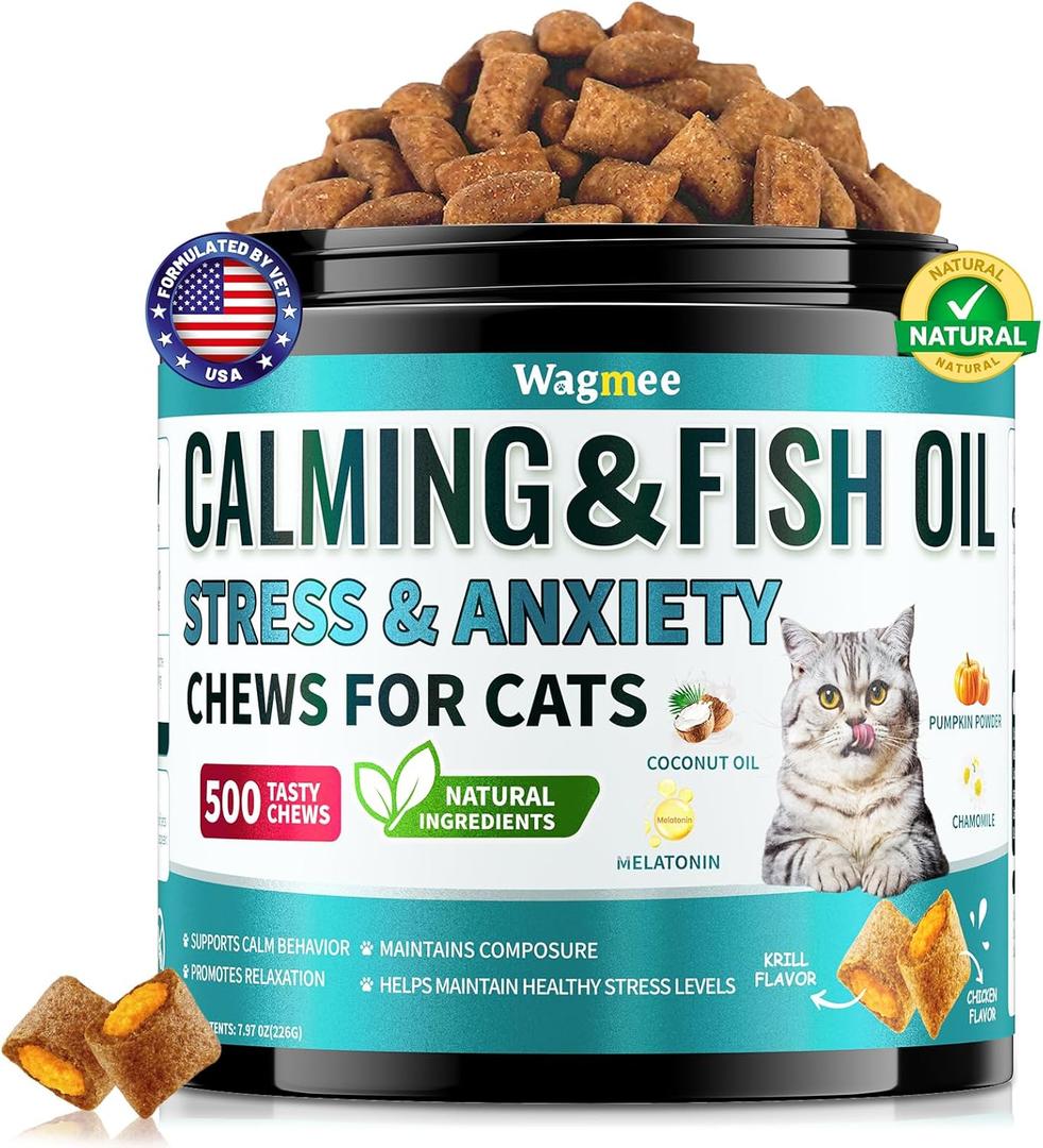 Wagmee Cat Calming Treats - 500 Crunchy & Creamy Cat Chews with Melatonin, Chamomile for Cat Stress and Anxiety Relief - Travel, Vet Visits, Storms and Separation Anxiety, Chicken and Krill Flavor BB Date 28 Aug 2027