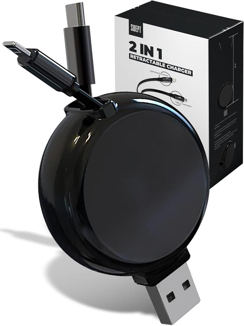 2-in-1 Retractable Charger for Car iPhone and Android, Wall Outlet or PC | Modern Car Charger Retractable Cord | 15W Fast Charging | Does not Work with CarPlay