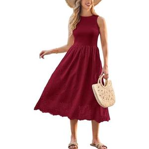 GRACE KARIN Women's Summer Sleeveless Tank Dress A Line Midi Dress Eyelet Crewneck Casual Holiday Dress with Pockets, L