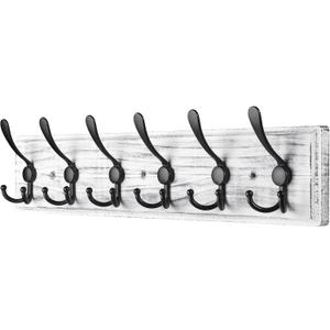 Coat Rack Wall Mount, Wooden Heavy Duty Coat Rack for Wall,6 Triple Coat Hanger Hooks for Hanging Coats,Jacket,Hat,Clothes (Grey White, 6 Hooks)