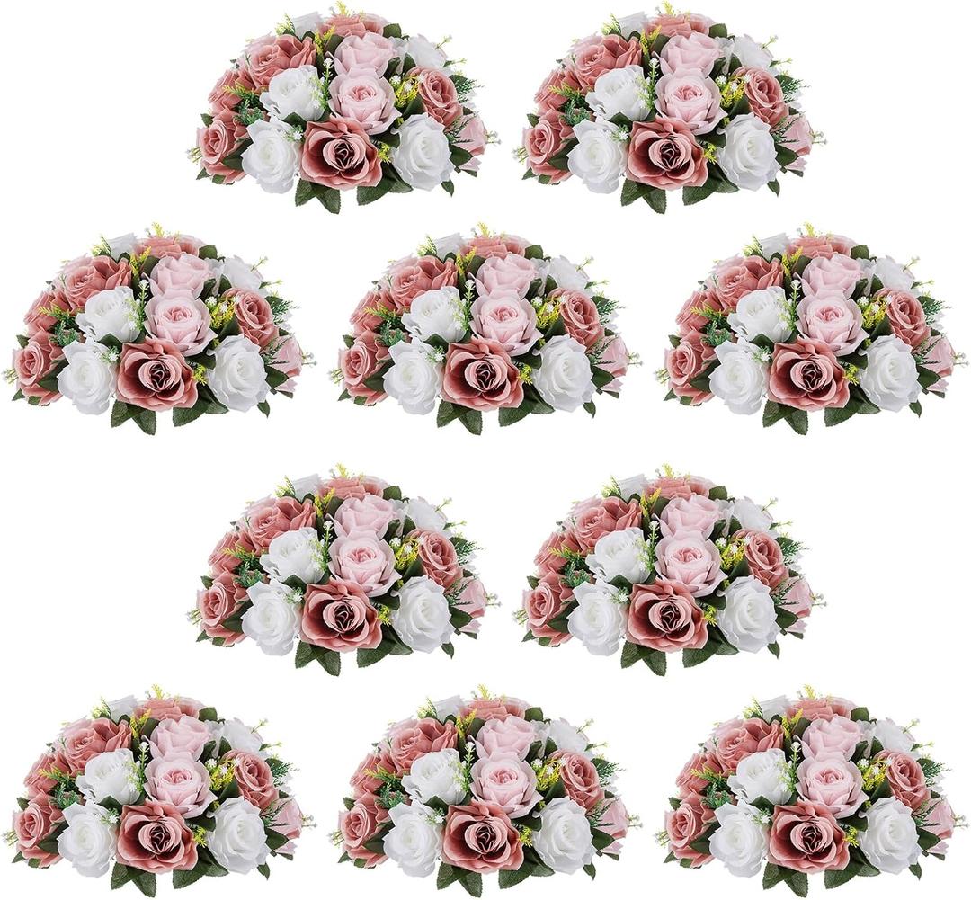 NUPTIO Large Flower Balls for Centerpieces - 10 Pcs 13.8in Diameter Dusty Rose & White Artificial Flower Ball Arrangement Bouquet Wedding Centerpieces for Tables - Fake Rose Flowers for Weddings Decor