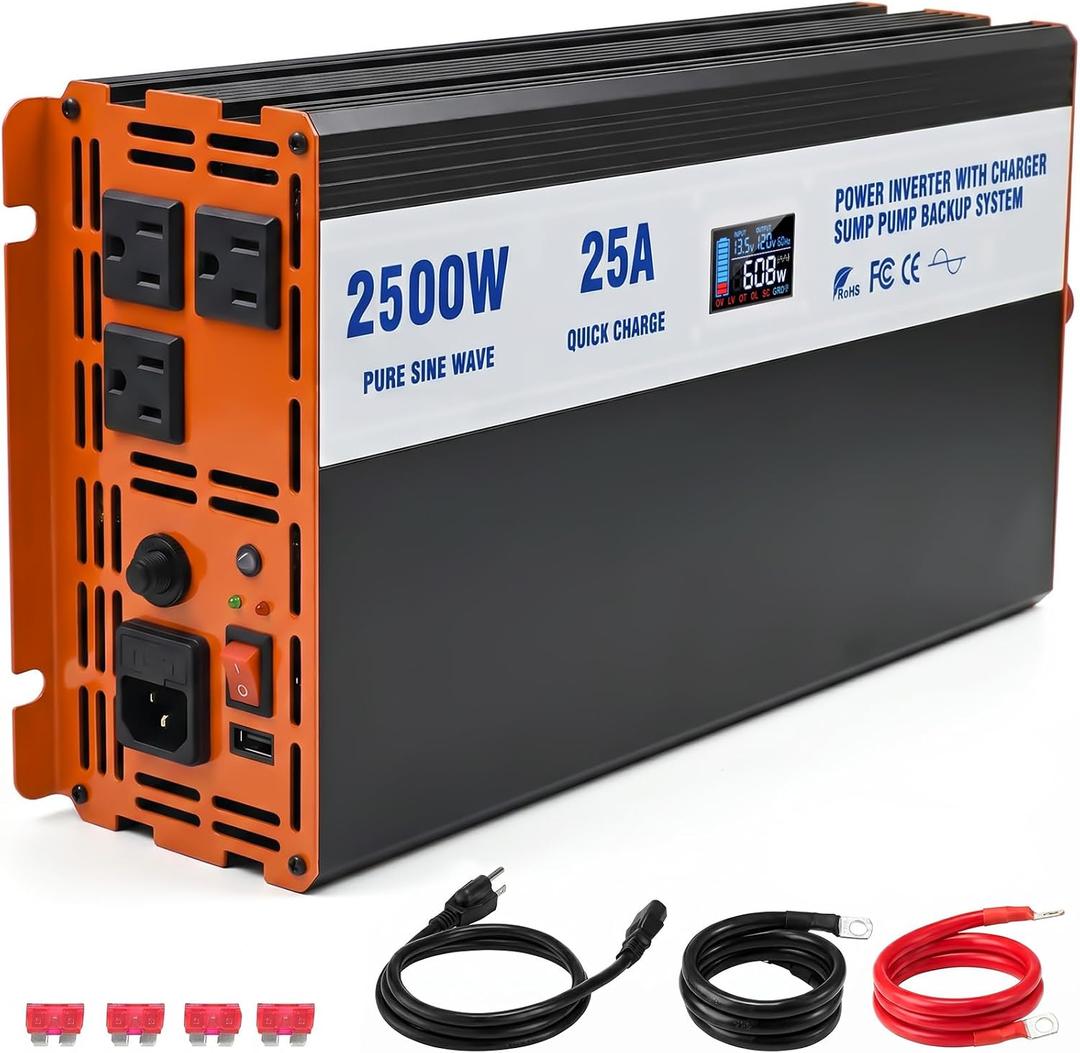 Sump Pump Battery Backup System, 2500W Pure Sine Wave Inverter with LCD Display, Auto Switches to Battery Power for Continuous Sump Pump Operation, for Basement Flood Protection&Power Outage Emergency