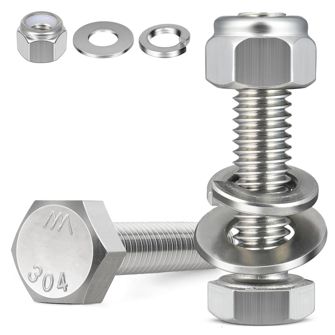 (8 Sets) 3/8-16 x 2 Hex Head Screw Bolt, Lock Nuts, Flat & Lock Washers Kits,304 Stainless Steel 18-8,Fully Threaded