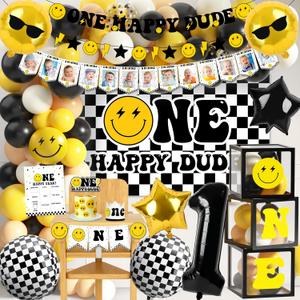 One Happy Dude 1st Birthday Party Decorations Party Supplies First Birthday Party Decoration for Boy Black and Yellow Theme Backdrop Balloon High Chair Banner Balloon Boxes Crown Poster (Selection-D)