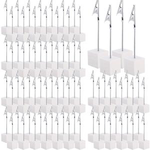 Gersoniel 100 Pcs Cube Base Memo Clip Holder with Alligator Clip Wood Table Number Holder Cube Base Place Card Stand Mini Photo Menu Stand for Displaying Number Card (White)