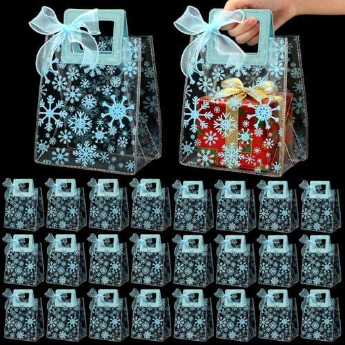 Amylove 30 Pcs Christmas Snowflake Clear Gift Bags with Handle Christmas Winter Transparent PVC Gift Bags with Ribbon Reusable Heavy Duty Totes for Xmas Birthday Wedding Bridal Shower Party Supplies