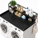 2-Tier Washer Dryer Countertop with Shelf, 54"x27.5" Wooden Laundry Topper with Edge and 2 Hooks, Washing Machine Counter Top Storage Shelf for Laundry Room Organization (Black)