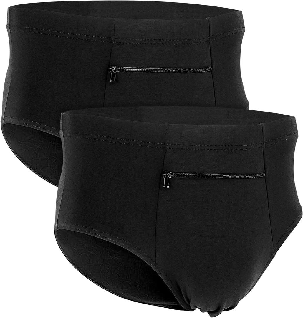 LUEXBOX Pocket Underwear for Men with A Secret Hidden Pocket, Travel Boxer Briefs, 2 Packs (Black, XL)