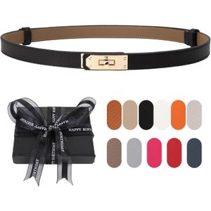 Women's Skinny Belt with Turn-Lock Buckle, Adjustable Women Leather Belt for Dresses, Jeans, Coats