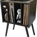 Record Player Stand Bamboo Record Player Table with with 4 Cabinets Holds up to 100 Vinyls, Albums,Mid-Century Vinyl Storage Cabinet Table for Living Room, Bedroom, Office (Black, 24.4'' H)