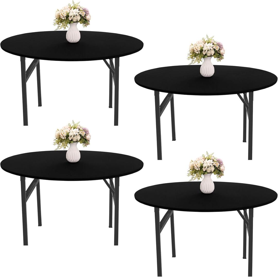 4 Pieces Round Spandex Tablecloth Table Top Cap Cover Stretch Fitted Tablecloth for 6 Foot Round Tables Washable Elastic Table Protector for Indoors Outdoors (Black,6 Foot)