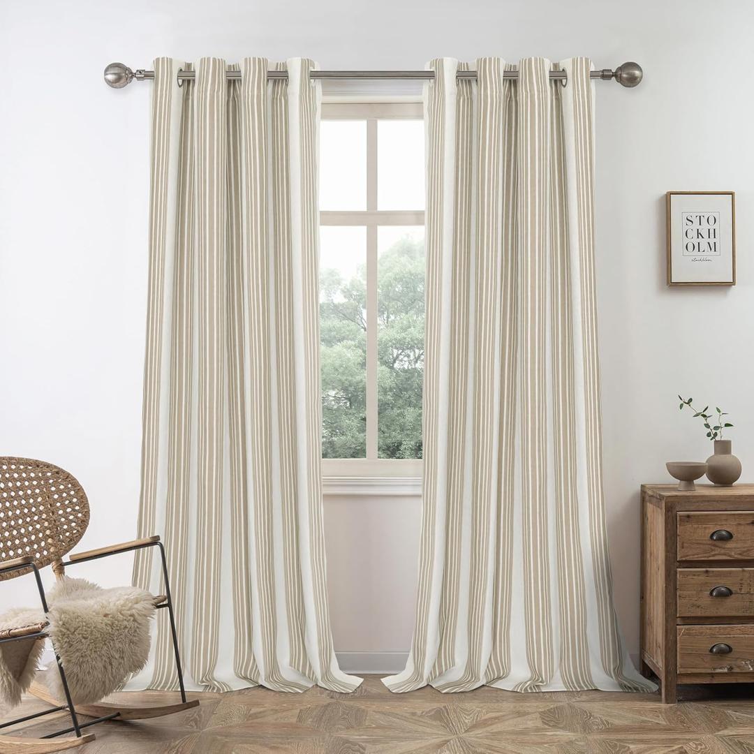 DriftAway Chris Linen 100% Blackout Curtains with Thermal and Sound Reducing Layer 84 Inch Long for Bedroom Striped Printed Drapes Thermal Insulated Lined Window Treatments for Living Room Camel Beige (52"W x 84"L (Pack of 2))