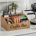 Coffee Station Organizer for Countertop – Wooden Coffee Bar Organizer with Adjustable Dividers,Holds K Cup Pod & syrup bottles, for Kitchen, Office, or Bar and Tea Station, Brown