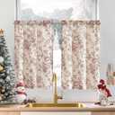 jinchan Floral Linen Tier Curtains Floral Brick Red on Beige Christmas Decorations Cafe Curtains 36 Inch Length Kitchen Living Room Bedroom Bathroom Farmhouse Rustic Country Rod Pocket 2 Panels