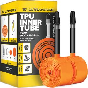 Ultraverse TPU Road Bike Inner Tube 700 x 18-32 with 45mm, 65mm, 85mm Presta Valves Ultra Lightweight Tubes for Road and Gravel Bicycles - 2 Pack with Repair Patch Kit