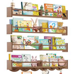 34Inch Nursery Book Shelves Wall Mounted, Floating Book Shelf for Kids Coat Rack with 6 Hooks, Wall Hanging Shelf for Baby Nursery Room Organizer Patent Number:US-D1058229-S(4, Light Brown)