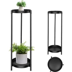 Plant Stand Indoor Outdoor, 2 Tier 24" Tall Black Flower Pot Plant Stands, Heavy Duty Metal Plants Shelf, Rustproof Iron Multiple Plant Round Supports Rack for Planter Corners Garden Balcony Patios